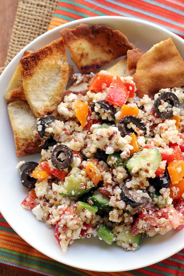 Greek super grains salad with homemade pita chips