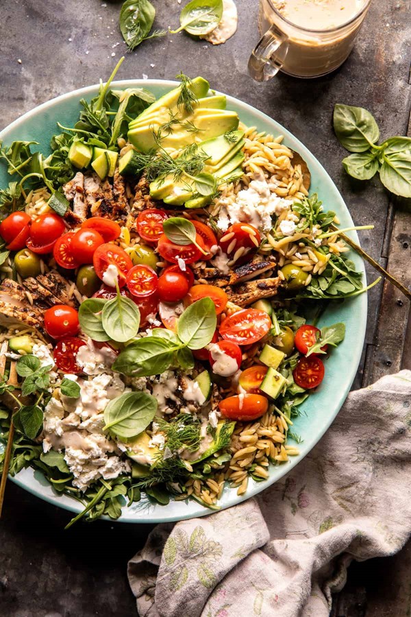 Greek tahini chicken and feta orzo bowls