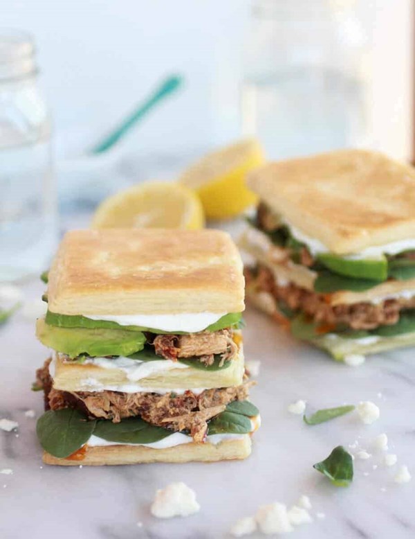 Greek tuna sun-dried tomato + avocado Napoleons