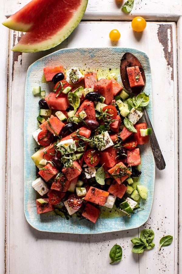 Greek watermelon feta salad with basil vinaigrette