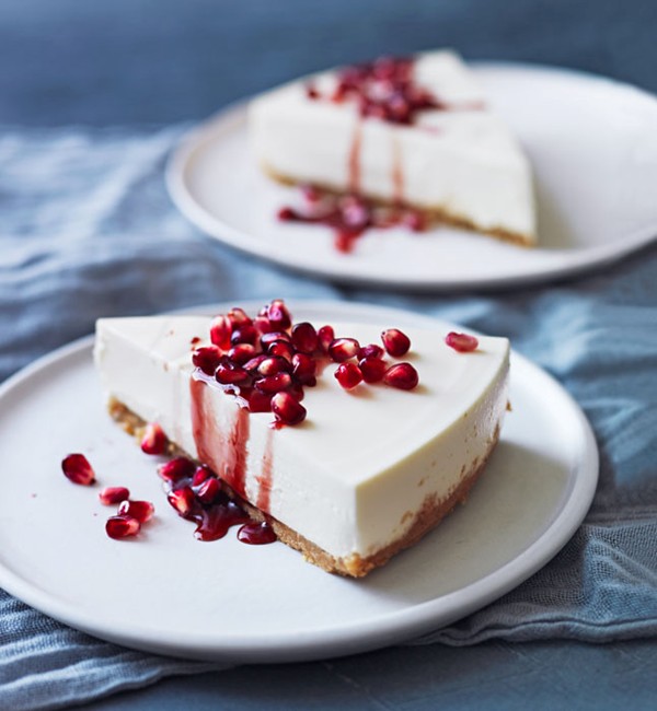 Greek yogurt cheesecake with pomegranate syrup