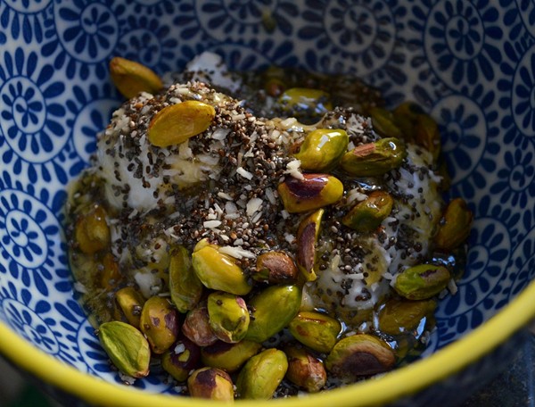 Greek yogurt with honey-pistachio-coconut topping