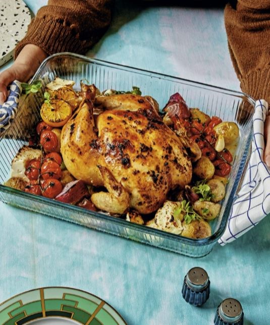 Greekish roast chicken with potatoes & feta