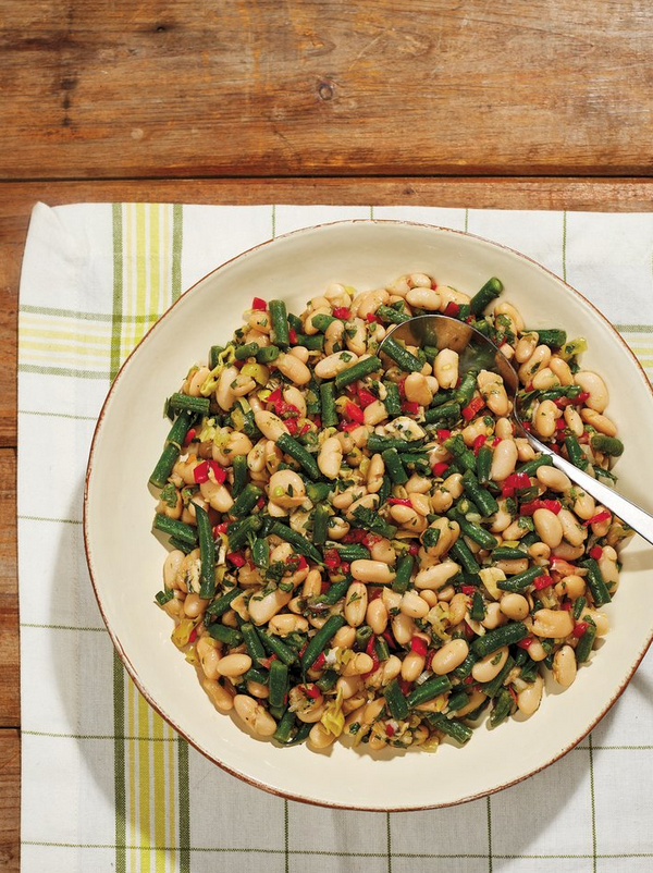 Green and white beans with white anchovies and Spanish jardinera