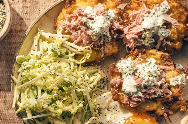 Green apple slaw with latkes & ham hock