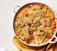 Green bean & cherry tomato traybake gratin