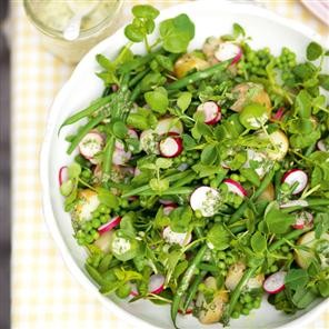 Green bean and pea salad with salad cream dressing