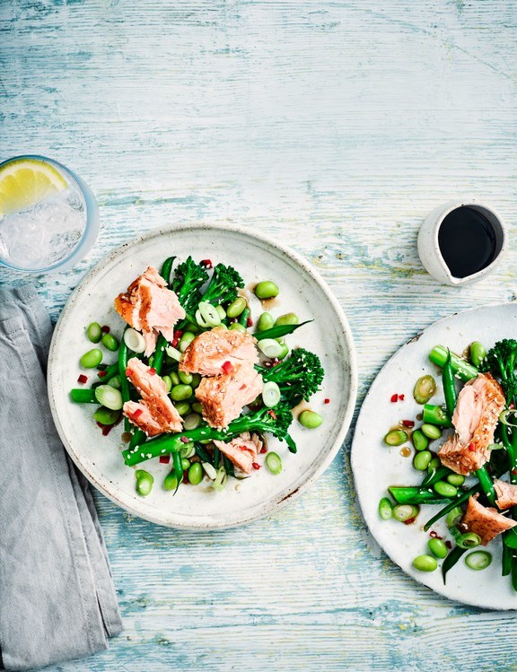 Green bean, broccoli and salmon salad with teriyaki dressing