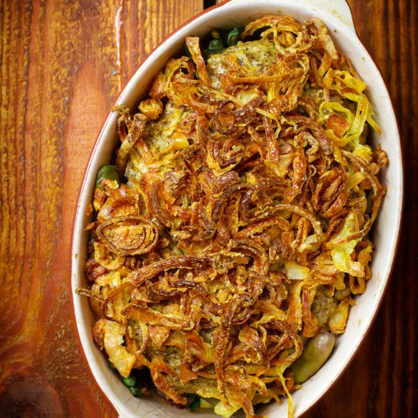 Green bean casserole with bacon & mushrooms