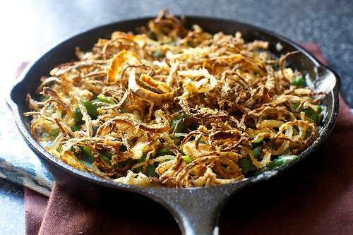 Green bean casserole with crispy onions