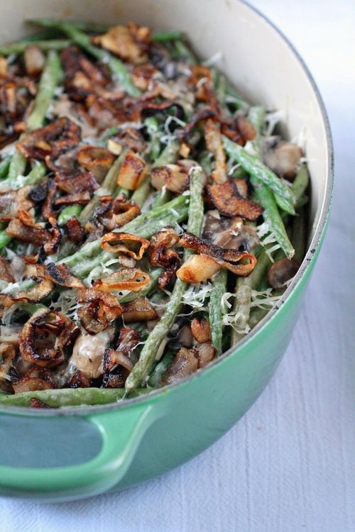 Green bean casserole with crispy shallots
