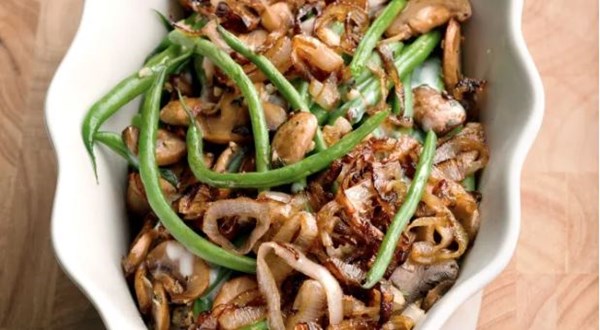 Green bean casserole with crispy shallots