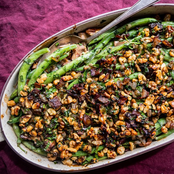 Green bean casserole with walnut bacon crumble
