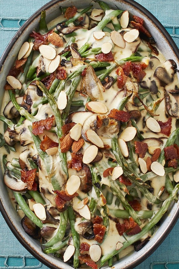 Green bean-mushroom casserole with candied bacon