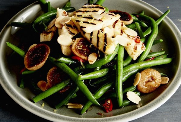 Green bean salad with grilled haloumi & rum-soaked  figs
