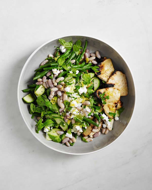 Green bean, shell bean, and sweet onion fattoush
