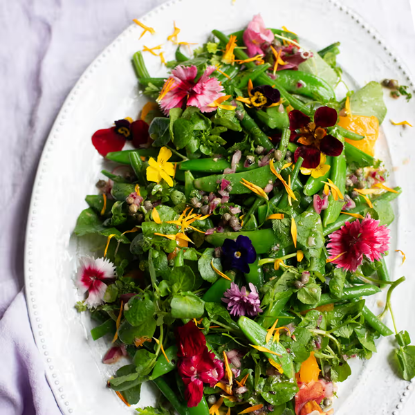Green beans, watercress and flowers
