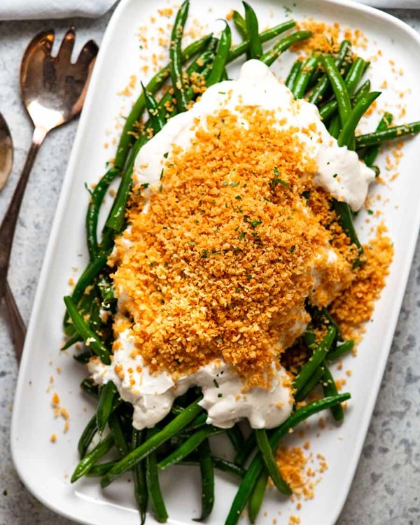 Green beans with a mountain of panko
