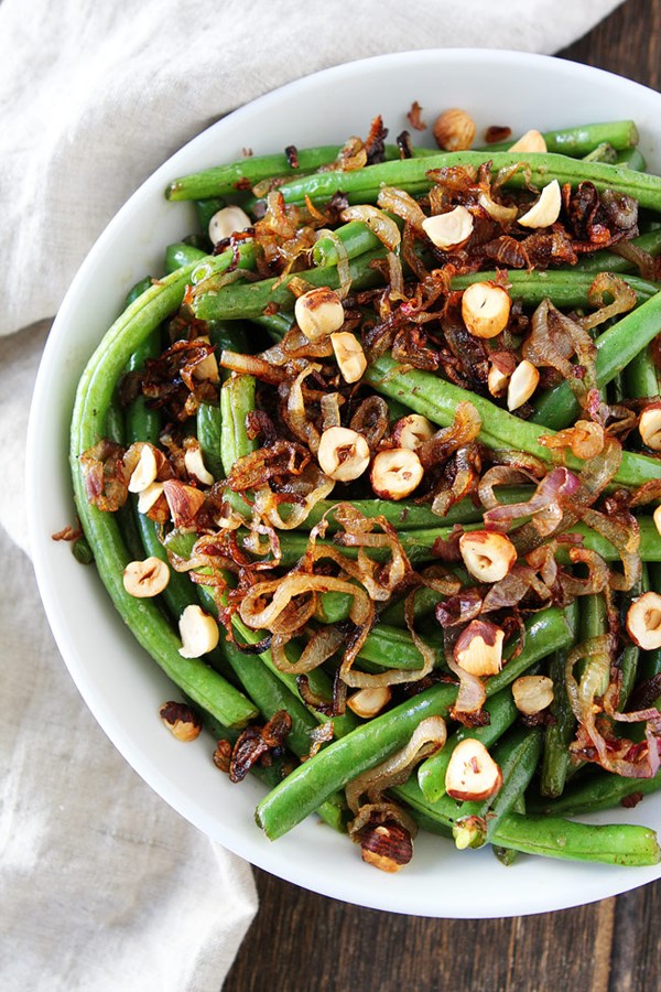 Green beans with brown butter, crispy shallots, and hazelnuts