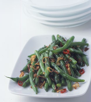 Green beans with crisp shallots, chile, and mint