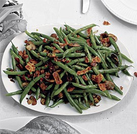 Green beans with crispy pancetta, mushrooms, and shallots