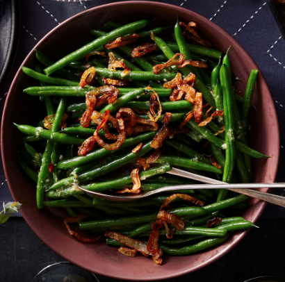 Green beans with rosemary-garlic vinaigrette & fried shallots