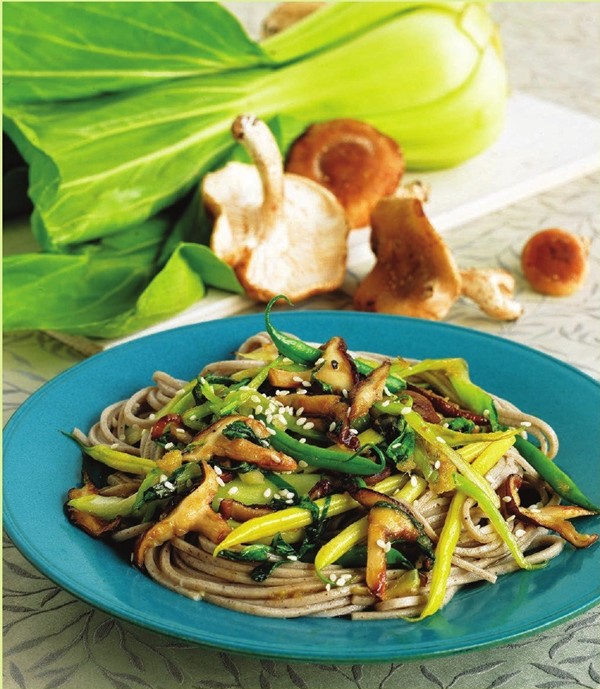 Green beans with shiitakes and bok choy