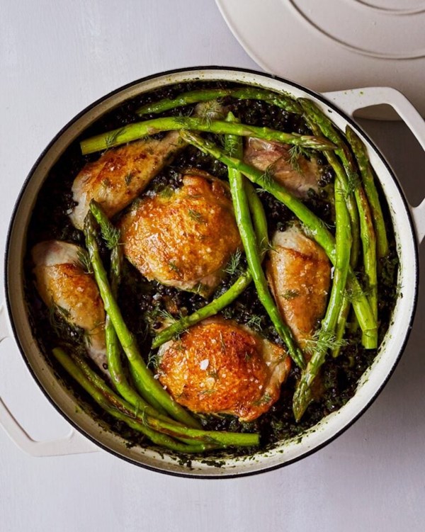 Green chicken, asparagus and lentils 