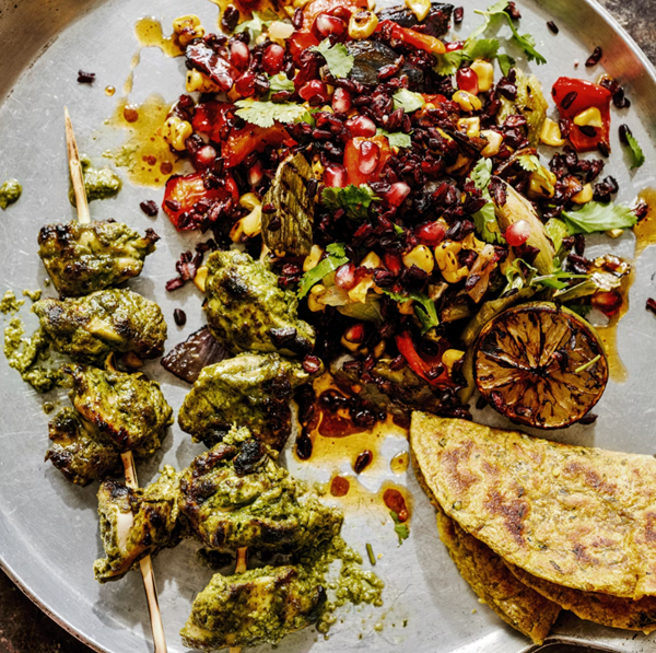 Green chicken tikka with black rice salad
