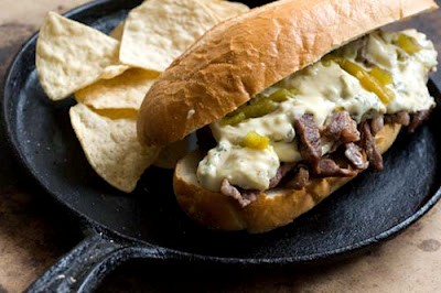 Green chile cheese steak sandwich