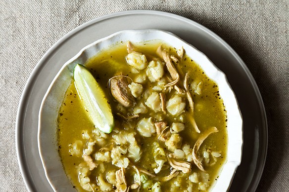 Green chile, chicken, posole soup