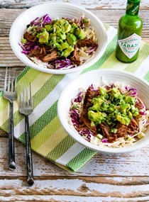 Green chile shredded beef cabbage bowl with avocado salsa (slow cooker or pressure cooker)