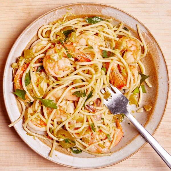 Green chile shrimp scampi with spaghetti 
