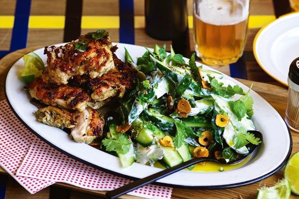 Green chilli chicken with cucumber & curry leaf salad