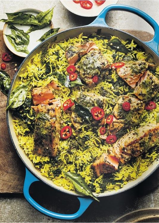 Green coconut masala salmon on spinach, mustard seed & curry leaf rice