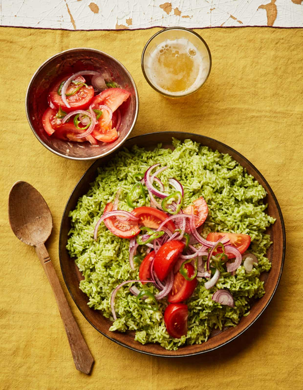 Green coconut rice with tomato and onion sambol