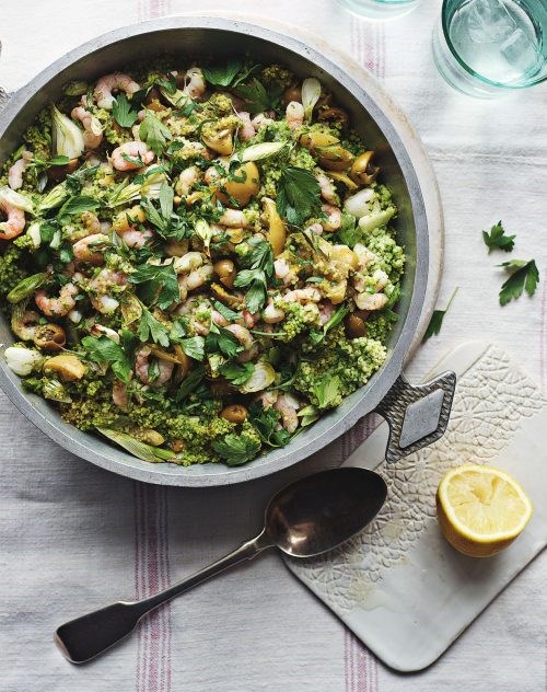 Green couscous with prawns
