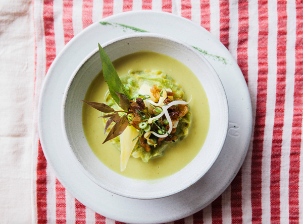 Green curry and taro stem soup with bacon