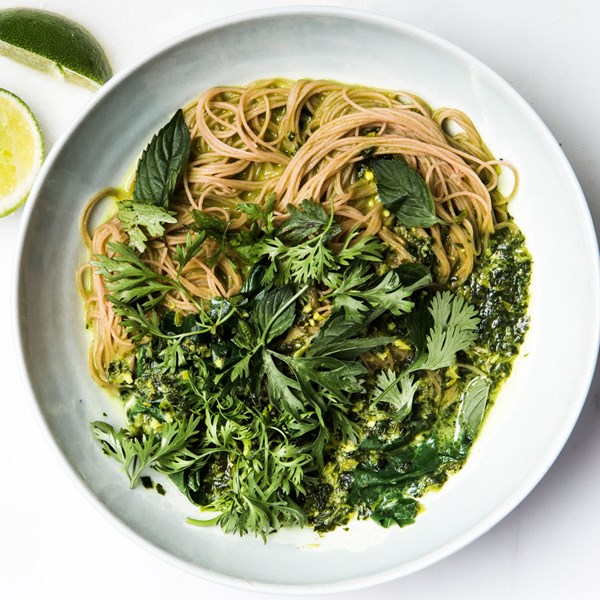 Green curry with brown rice noodles and Swiss chard