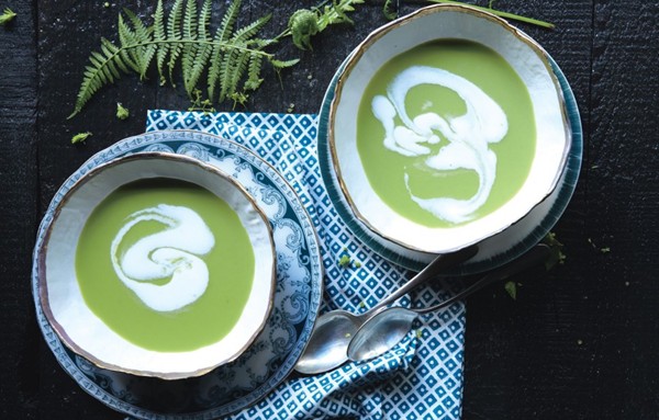 Green garlic and pea soup with whipped cream