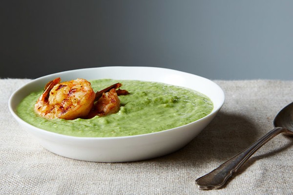 Green gazpacho with chili cumin shrimp