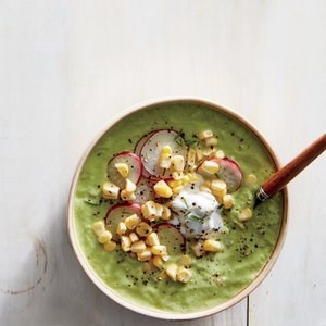 Green gazpacho with corn and radish salad