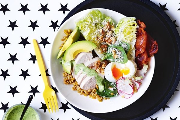 Green God-zilla salad with chicken and pancetta
