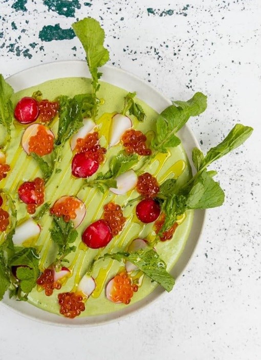 Green goddess dip with salmon eggs and radishes