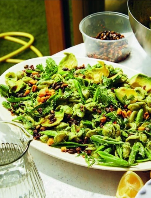Green goddess orecchiette with roasted pumpkin seeds, avocado & corn nuts