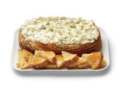Green goddess shrimp dip in a sourdough bowl