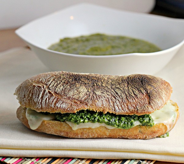 Green goddess soup and pesto mozzarella grilled cheese