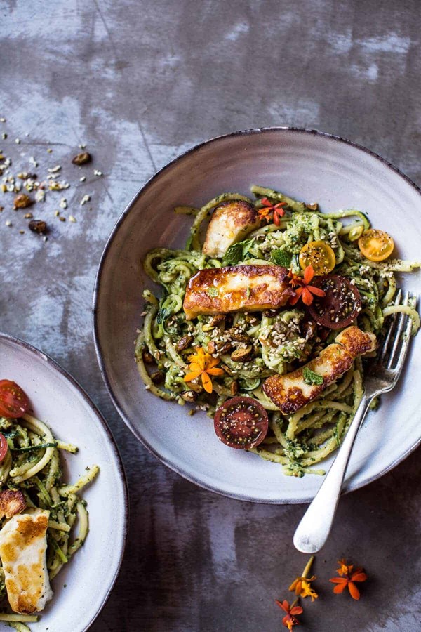 Green goddess zucchini pasta with fried halloumi