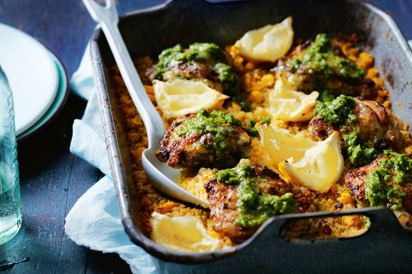 Green harissa chicken with baked couscous