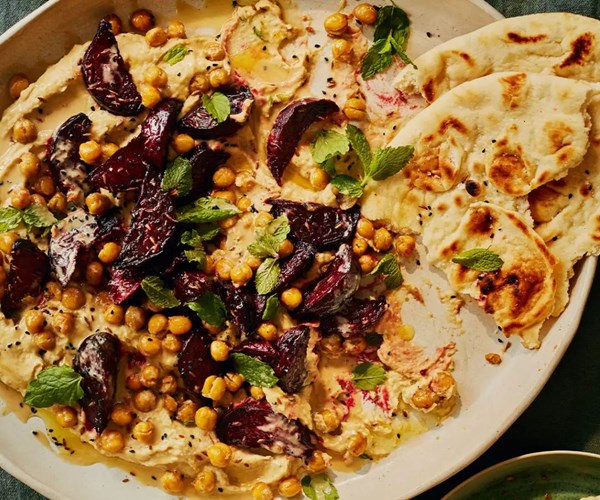 Green harissa whipped chickpeas with roasted beetroot